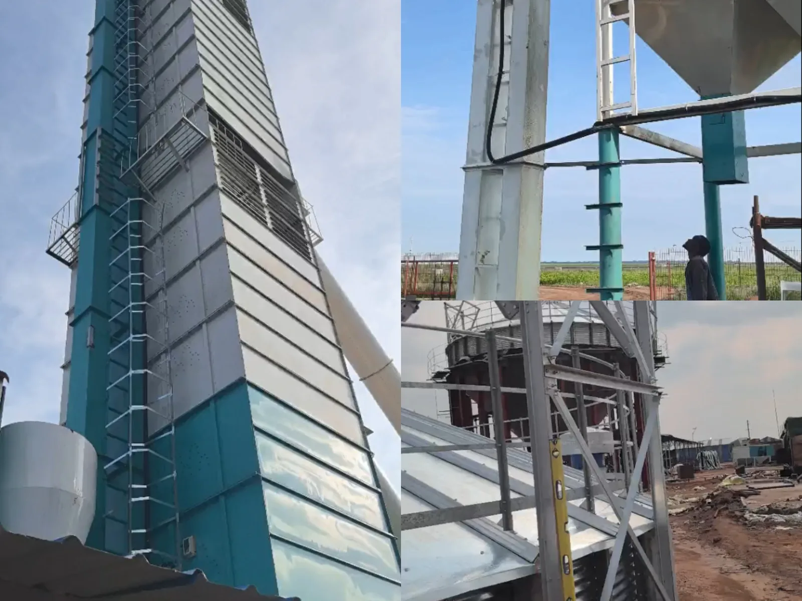 Drying tower and steel silos under construction at an AmGrainTech project site in Africa